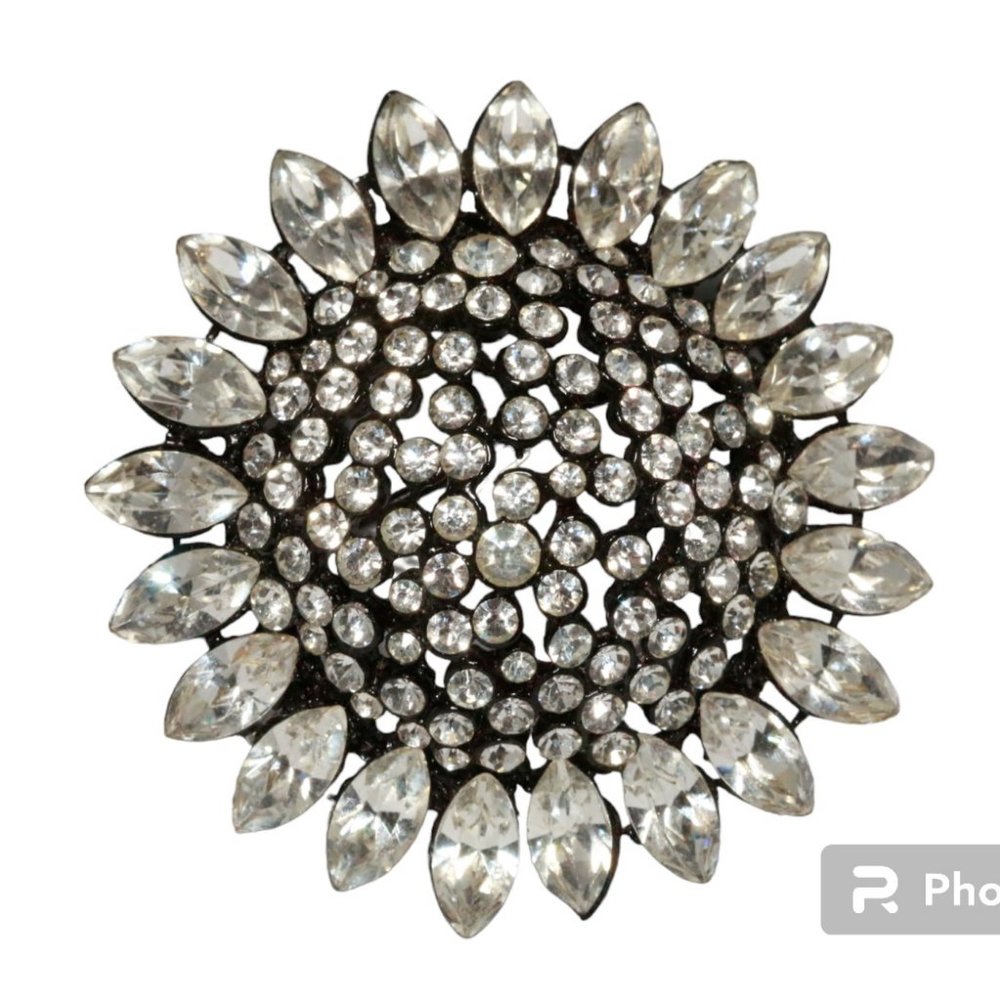 Vintage Estate Black Domed Sunflower White Crystal Navette Rhinestone Pin Brooch